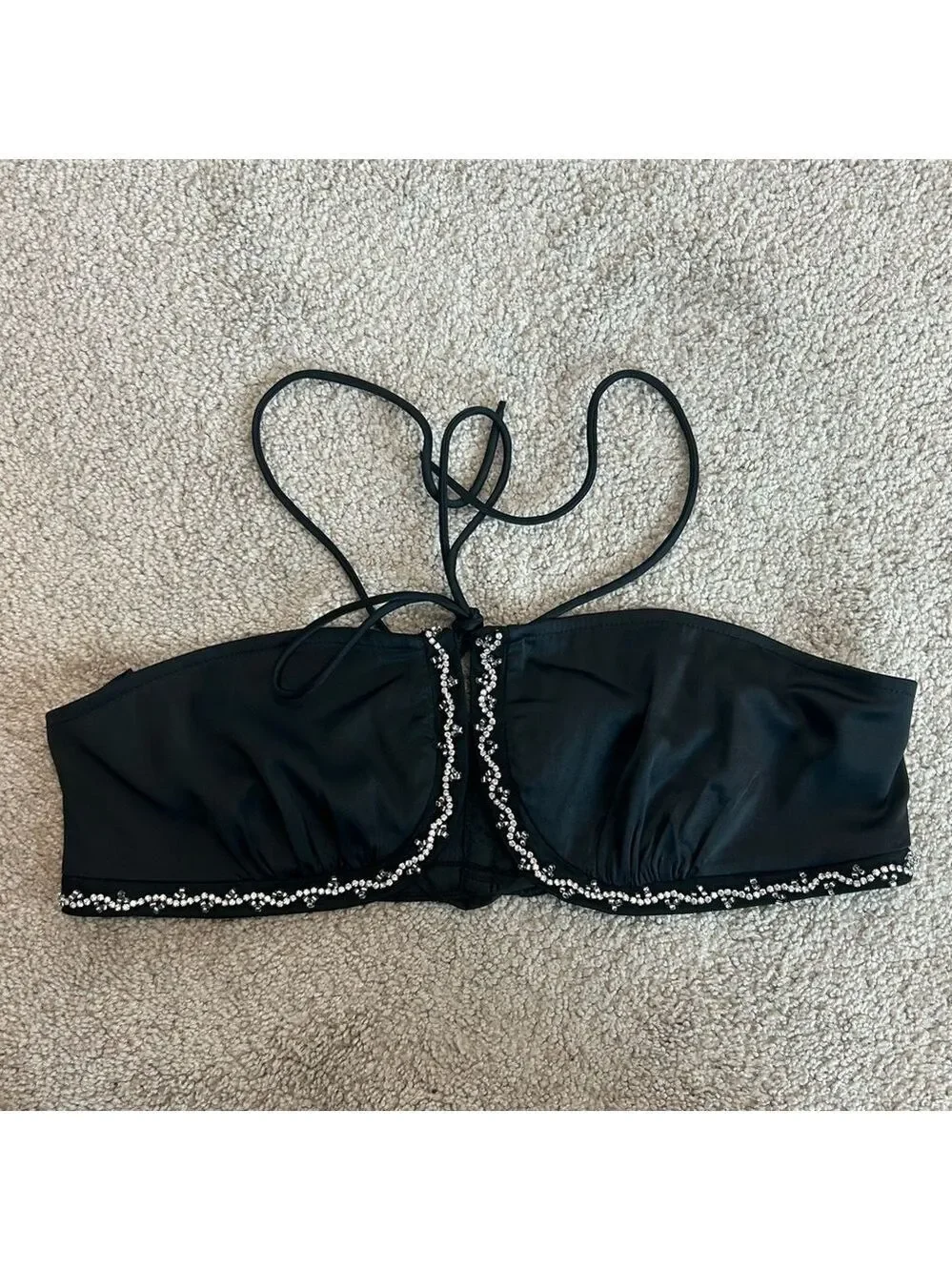 Zara black beaded rhinestone embellished satin bralette crop top Sz L NWT - Picture 6 of 14